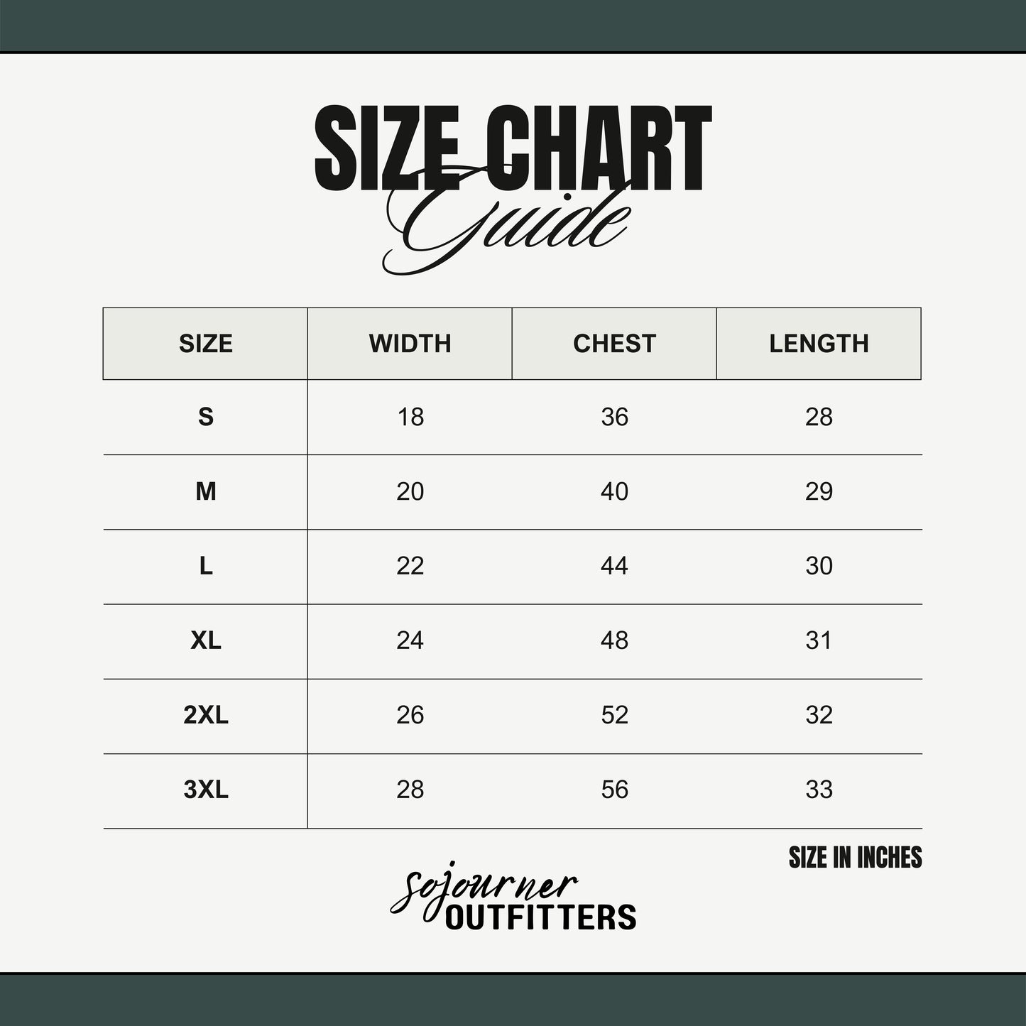 Size chart guide for clothing with dimensions in inches, branded as Sejourner Outfitters.
