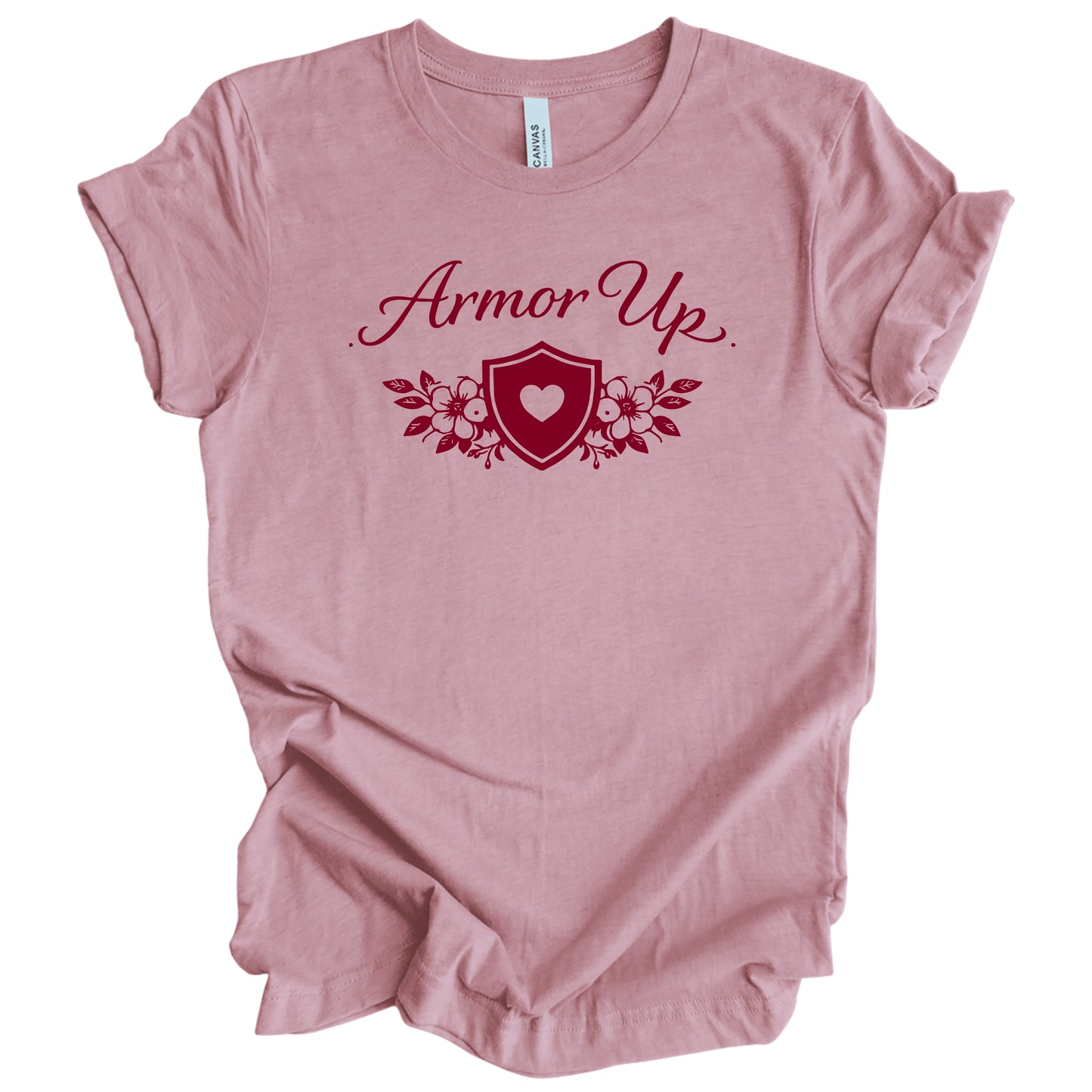 Pink t-shirt with 'Armor Up' design on a white background
