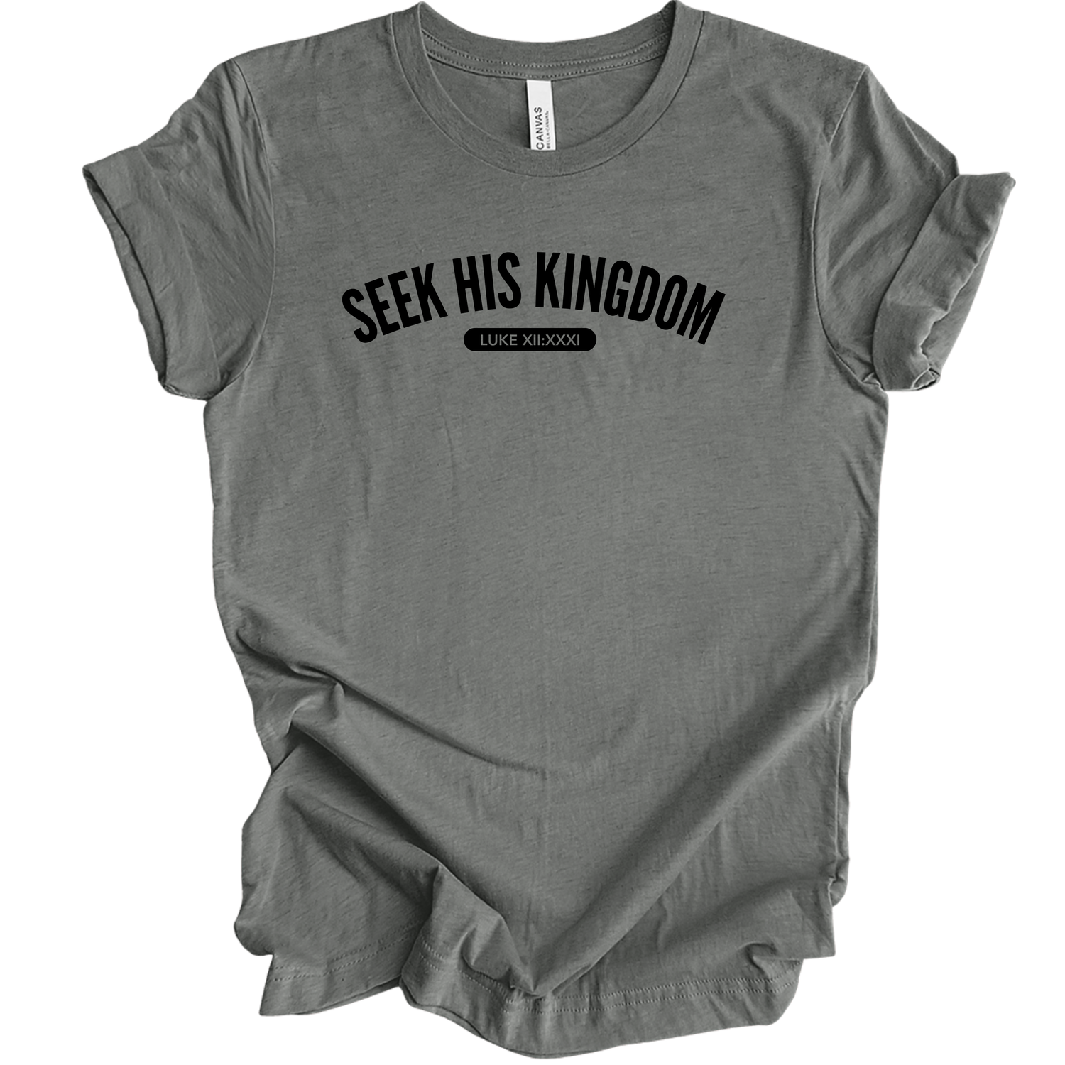 Gray t-shirt with 'Seek His Kingdom' text on a white background